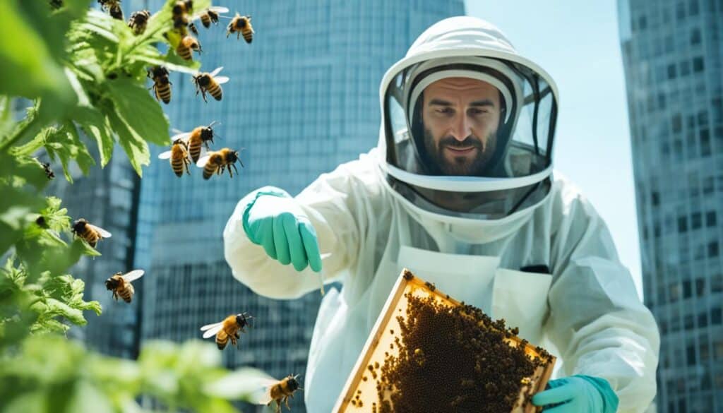 Urban Beekeeper Inspecting Hive