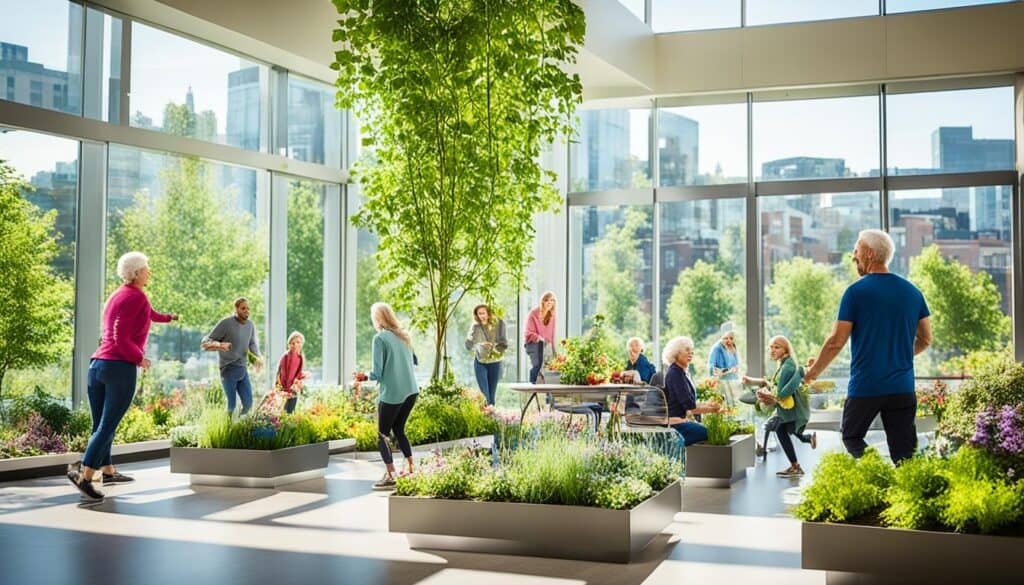 Community gathering in biophilic designed urban space