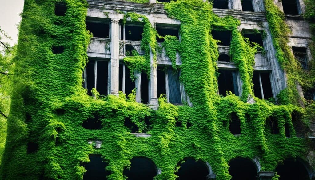 lush greenery overgrowing abandoned architecture