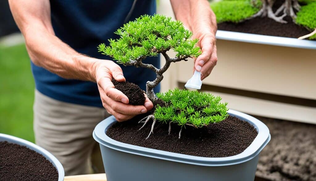 Applying fertilizer to bonsai tree soil